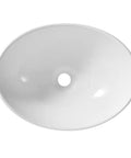 Top view of Porcelain Vessel Sink For Bathroom 18 Inch By 13.4 Inch Above Counter Oval Canoe Shape With Pop Up Drain No Overflow Hole White Ceramic