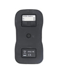 Back view of black Q400++ four-button wireless crane remote control transmitter; model label top, IP65/CE bottom.