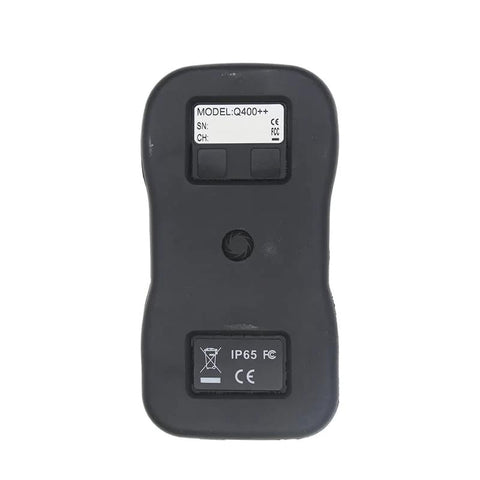Back view of black Q400++ four-button wireless crane remote control transmitter; model label top, IP65/CE bottom.