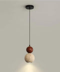 Travertine Pendant Light Spherical Walnut Wood Hanging Lamp Natural Stone Modern Nordic Fixture with adjustable height in a minimalist setting.