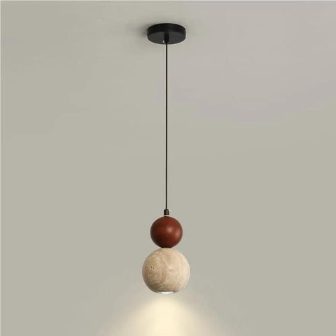 Travertine Pendant Light Spherical Walnut Wood Hanging Lamp Natural Stone Modern Nordic Fixture with adjustable height in a minimalist setting.