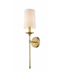 1 Light Wall Sconce in Rubbed Brass Finish for Bathroom Hallway or Bedroom Transitional Coastal Modern Steel Wall Mount Light 807-1S-RB Style Warm Vintage Glow Vibe, featuring a steel mount and white fabric shade.