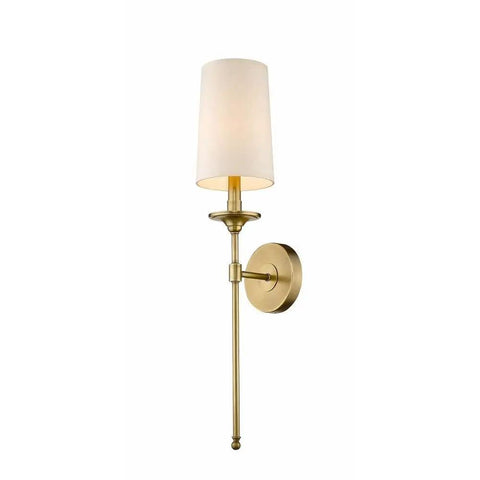 1 Light Wall Sconce in Rubbed Brass Finish for Bathroom Hallway or Bedroom Transitional Coastal Modern Steel Wall Mount Light 807-1S-RB Style Warm Vintage Glow Vibe, featuring a steel mount and white fabric shade.