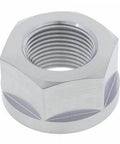 Hex nut with flange end cap, silver metal finish, threaded bore; waterjet spare part