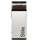 Heavy Duty Automatic Espresso Coffee Grinder White With Dual Programmable Dosing Rings Micro Burr Precision Plus Slick Touchscreen Panel For No Hassle Barista Level Brews Smooth Operation Verified front view with coffee beans.