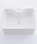 White Vessel Sink With Gold Faucet And Drain, 18x13 Inch Above-Counter Rectangle Ceramic Porcelain Bathroom Basin, top view
