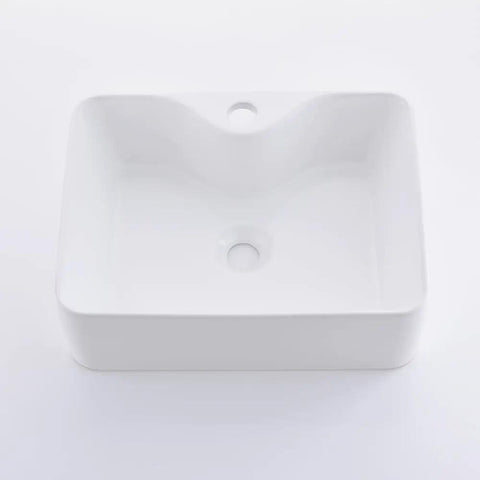 White Vessel Sink With Gold Faucet And Drain, 18x13 Inch Above-Counter Rectangle Ceramic Porcelain Bathroom Basin, top view