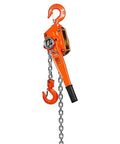 Front view of orange manual lever chain hoist, 3 ton capacity, 20 ft galvanized chain and hook.