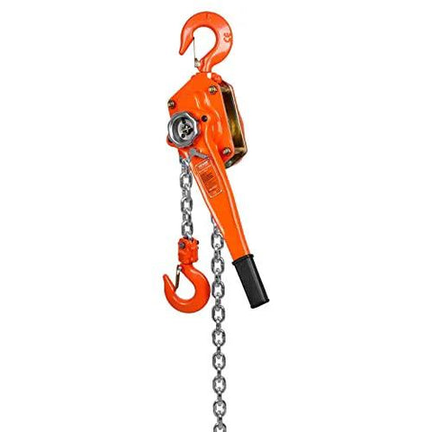 Front view of orange manual lever chain hoist, 3 ton capacity, 20 ft galvanized chain and hook.