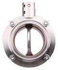 Front view of 1.5 in tri-clamp sanitary butterfly valve with pull handle, 304 stainless steel