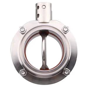 Front view of 1.5 in tri-clamp sanitary butterfly valve with pull handle, 304 stainless steel