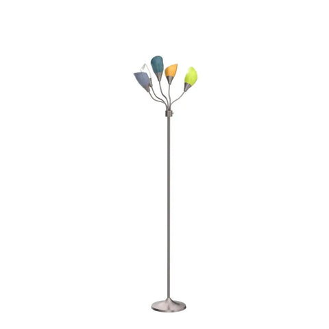 Medusa Adjustable Floor Lamp for Bedroom With Five Multi Colored Acrylic Shades Gooseneck Standing Reading Lamp Modern Metal Floor Light in Silver Finish, showing full height and multi-hued shades.