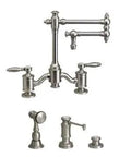 Three Hole Bridge Kitchen Faucet With 12 Inch Articulating Spout And Smooth Quarter Turn Lever Handles In Matte Antique Copper, showcasing metal finish and lever design.