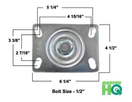 Metal plate for heavy duty V-groove caster set with precise dimensions and bolt size, ideal for industrial carts and trolleys.