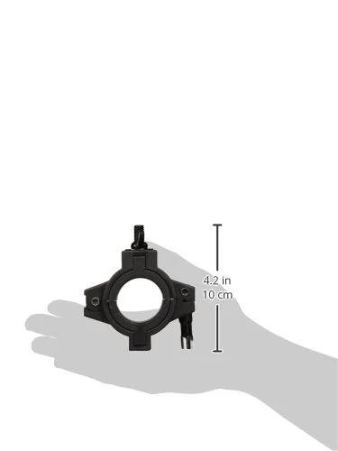 Front view of a black 1.5-inch plastic O-clamp wrap-around clamp held in a hand.