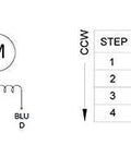 Stepper motor diagram: NEMA 11 bipolar stepper with four leads (Black A, Green C, Red B, Blue D) and a coil wiring chart.
