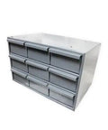 Sturdy stackable steel cabinet with six neat drawer dividers for organizing heavy duty brass pipe fitting assortment kit packs 340 solid connectors.