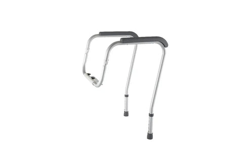 Foldable Bathroom Safety Rail With Adjustable Arms And Universal Seat Fit Rock Solid Aluminum Frame, viewed from the side.