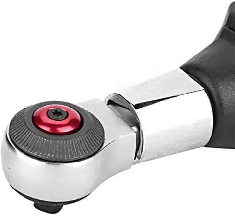 Close-up of the ratchet head of the Dead Nuts Accurate Digital Torque Wrench Socket Set 1.5 To 30 Nm with a metal finish.