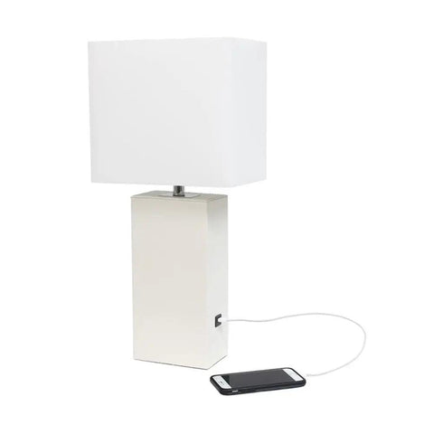 Leather Wrapped Base Table Lamp With USB Port And White Fabric Shade Dope Modern Lighting For Living Room Or Bedroom, 21 Inch Tall