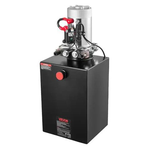 Front view Beefed Up 12V DC Double Acting Hydraulic Power Unit for Dump Trailers, 20 Quart Steel Reservoir, 3200 PSI A Port