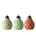 Set of three colorful glass table torches with durable fiberglass wick and metal snuffer, creating cozy ambience for dining or desk decor.