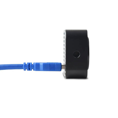 Side view of a 4K USB Webcam With Microphone And Detachable Stand, Autofocus, Plug And Play Streaming Camera connected with blue cable.