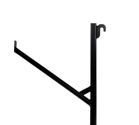 Heavy Beefy 2 Pack Container Pipe Racks With Integrated Workbench Surface showing a black steel hanger with an integrated hook.