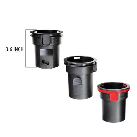 Three black plastic vacuum hose adapters on white background with measurement 3.6 inch for Six Foot Vacuum Accessory Hose For 1-1/4 Inch Systems Beefy Durable Plastic Construction Fits Most Vacuum Hose Setups Genuine Part For Attachments Long Reach For Tools And Tight Corners