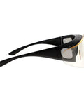 Super Lightweight Flip Over Radiation Safety Glasses Featuring Badass 0.12mm Lead Lens Protection With Comfy Rubber Grip Pads For Stress Free Medical Work side view on a white background.