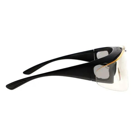 Super Lightweight Flip Over Radiation Safety Glasses Featuring Badass 0.12mm Lead Lens Protection With Comfy Rubber Grip Pads For Stress Free Medical Work side view on a white background.