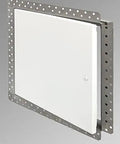 Top Tier Flush Steel Access Panel 12X12 Prehung Drywall Hatch With Concealed Hinge And Cam Latch Galvanized Build shown at an angle against grey background.