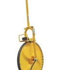 Pro Grade Heavy Duty Measuring Wheel Smooth Rollin Solid Build Tailored For Tough Yard Layouts And Construction Counting Up To 99999 Feet Built Like A Tank on a stand.