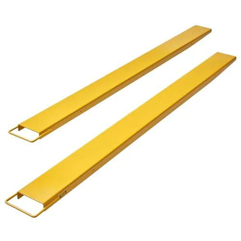 Pair of yellow 96-inch forklift pallet fork extensions, 6.5-inch wide, heavy-duty steel for forklifts.