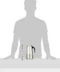 Stovetop Espresso Maker 9 Cup Moka Pot In Stainless Steel 450ml 15oz shown next to silhouette for size comparison