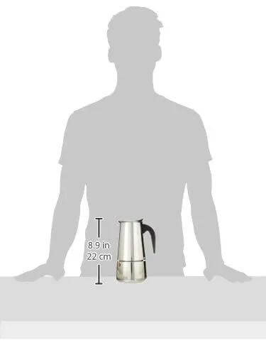 Stovetop Espresso Maker 9 Cup Moka Pot In Stainless Steel 450ml 15oz shown next to silhouette for size comparison