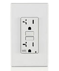 Killer Slim GFCI Weather And Tamper Resistant Outlet 20 Amp front view with resetbutton and weather guard for outdoor use.