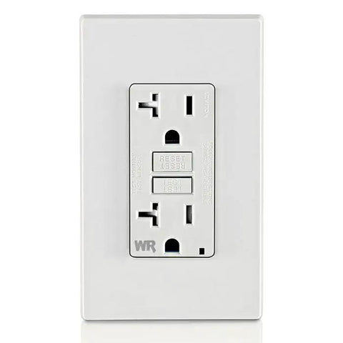 Killer Slim GFCI Weather And Tamper Resistant Outlet 20 Amp front view with resetbutton and weather guard for outdoor use.