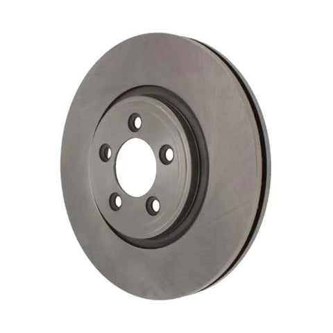 Centric C-Tek front brake rotor for Jaguar, metallic gray disc with five-lug hub (front view)