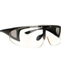 Super Lightweight Flip Over Radiation Safety Glasses Featuring Badass 0.12mm Lead Lens Protection With Comfy Rubber Grip Pads For Stress Free Medical Work viewed from the side.