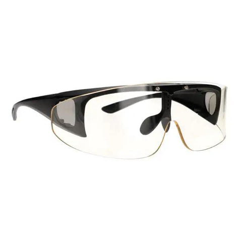 Super Lightweight Flip Over Radiation Safety Glasses Featuring Badass 0.12mm Lead Lens Protection With Comfy Rubber Grip Pads For Stress Free Medical Work viewed from the side.