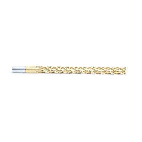 End mill tool, side view, gold-colored HSS foam-cutting, extended reach, 1/2 in diameter