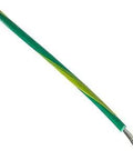 Single Conductor Hook Up Wire 18 AWG Copper Tinned 100 Feet 600V PVC Jacket Green With Yellow Stripe shown with exposed strands