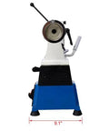 Wood lathe front view on blue benchtop base; white headstock, metal tool rest, 9.1 in width.