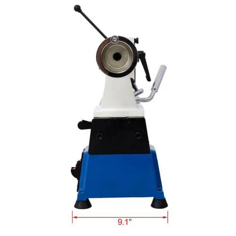 Wood lathe front view on blue benchtop base; white headstock, metal tool rest, 9.1 in width.
