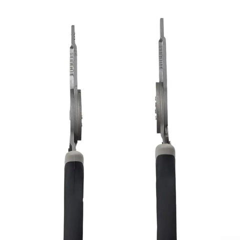 Professional Grade Electrical Wire Stripper And Crimping Pliers Combo Tool showing ratcheting mechanism and cutting edges.
