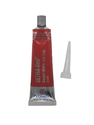 Permatex Ultra Red high-temp gasket maker tube, 3 oz, front view with nozzle