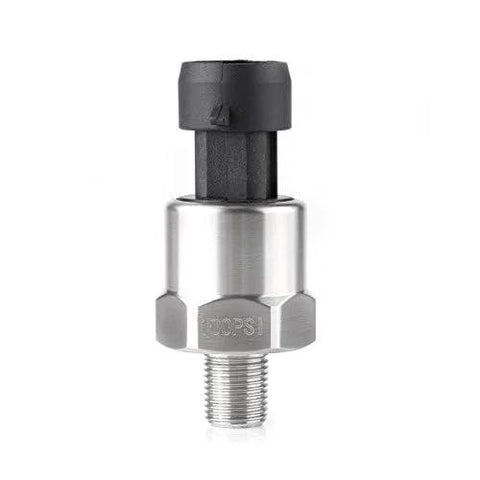 Front view of a 100 PSI stainless steel pressure transducer with 1/8'' NPT thread and black electrical connector.