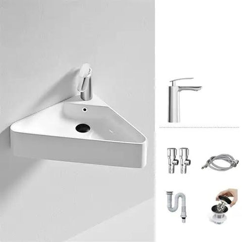 Personalized Triangle Bathroom Vessel Sink - High-Temperature, Space-Saving Wall-Mounted Corner Washbasin for Vanities with faucet and accessories.