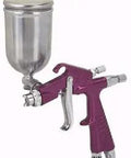 Adjustable Mini Detail HVLP Spray Gun With Free Tanning Solution High Impact Delrin Body Works With Standard Air Compressors, purple and metal design.